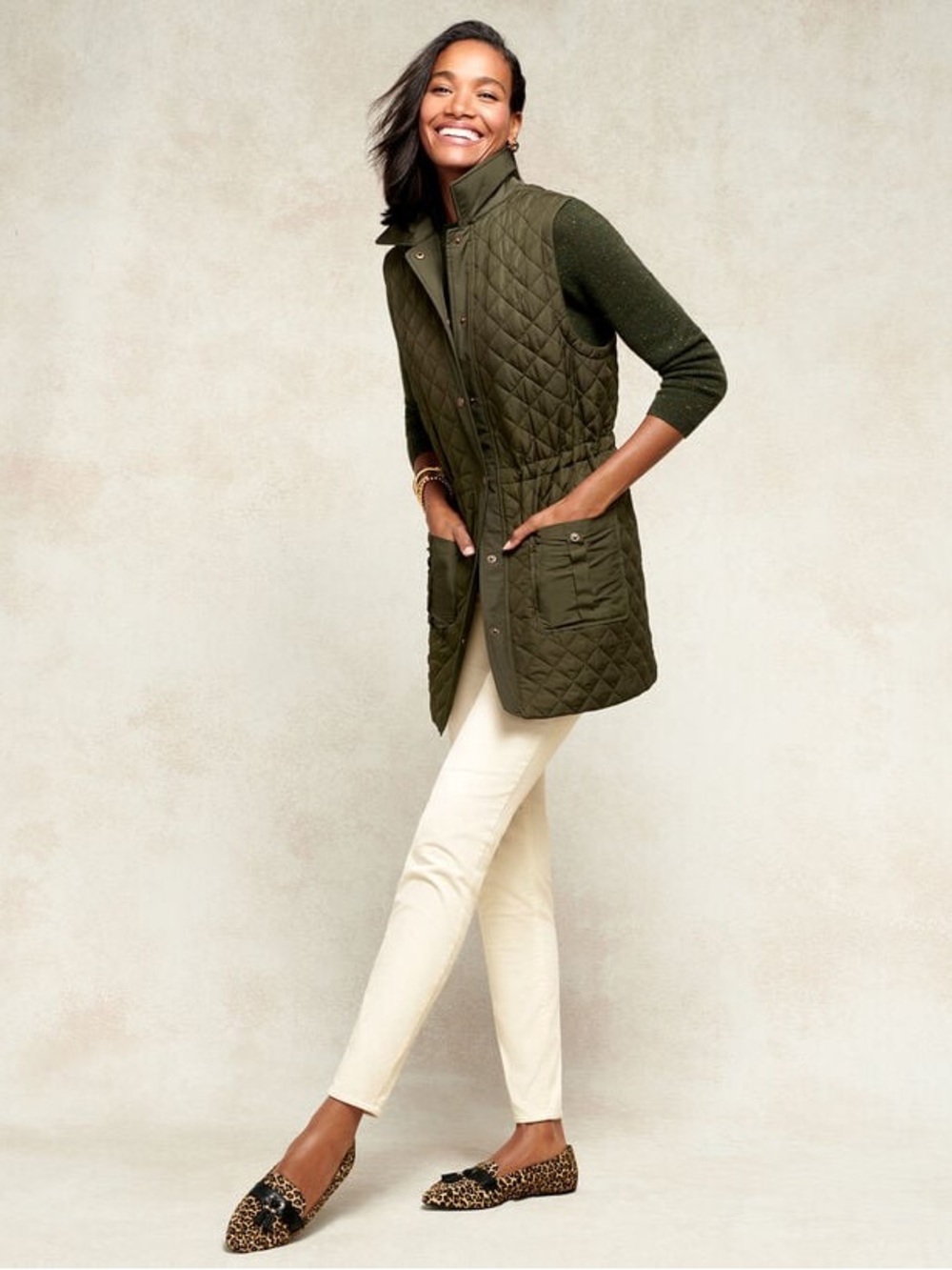 Talbots Quilted Long Vest Dark Olive Green Womens Size LP